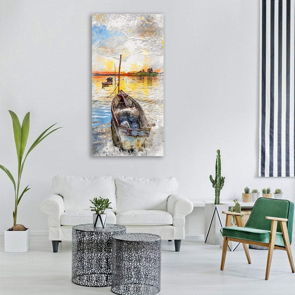 Wooden Boat at Sunset Over Islands Vertical Canvas Wall Art in orange, yellow and blue, single vertical panel hung on a wall