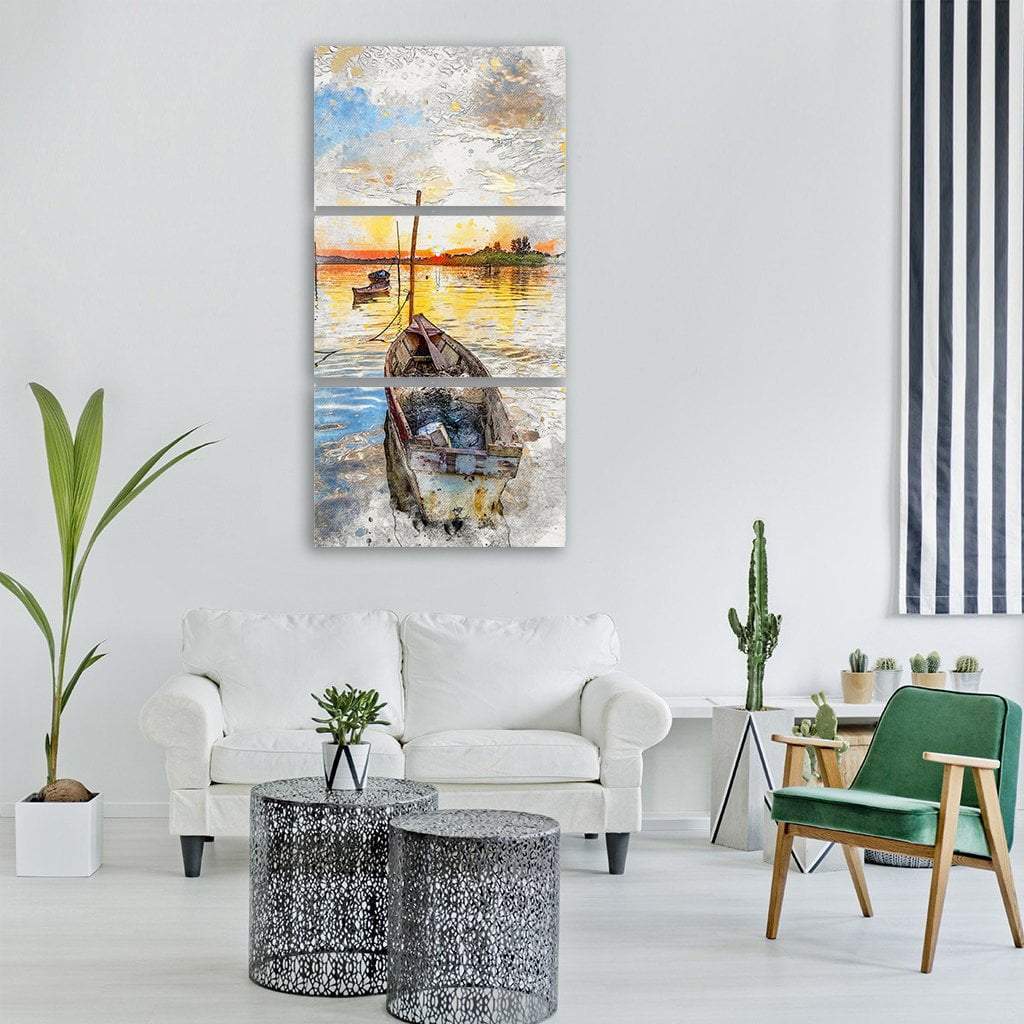 Wooden Boat At Sunset Vertical Canvas Wall Art-3 Vertical-Gallery Wrap-12" x 25"-Tiaracle