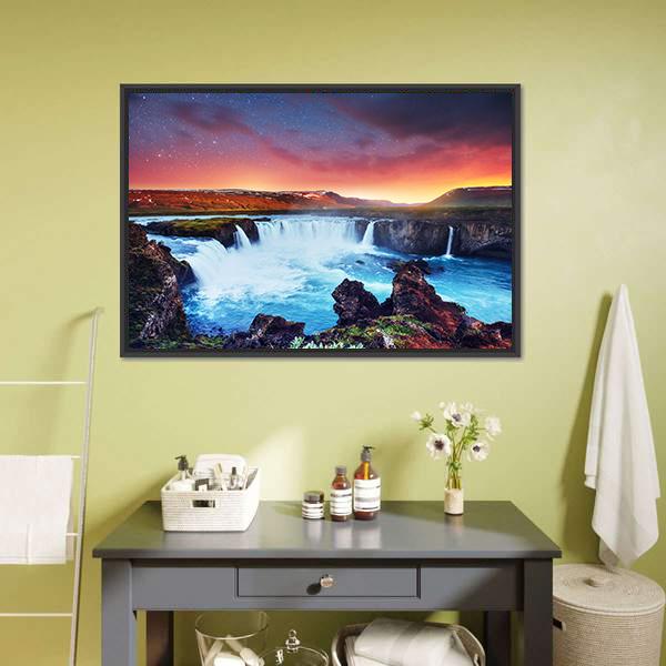 Amazing Godafoss Waterfall Canvas Wall Art-1 Piece-Floating Frame-24" x 16"-Tiaracle