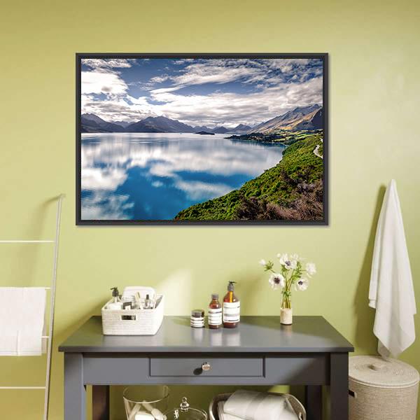 Lake Wakatipu Reflection Canvas Wall Art in white, green and blue, framed canvas, product view on a white background