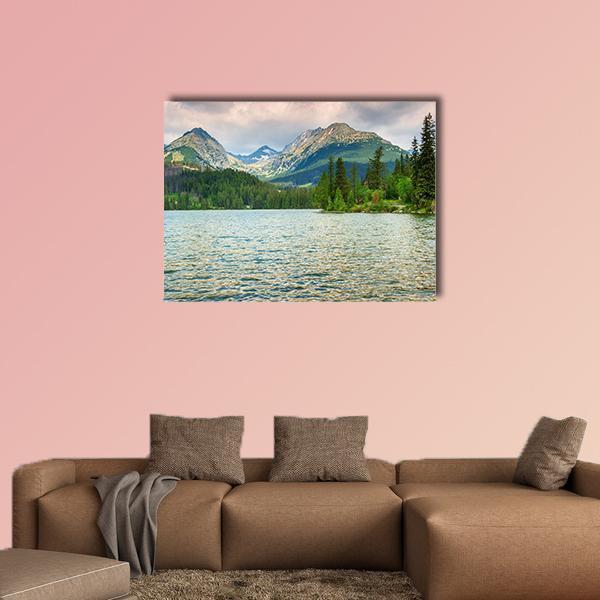 Lake in High Tatras Canvas Wall Art in gray, green and blue, single panel hung on a wall