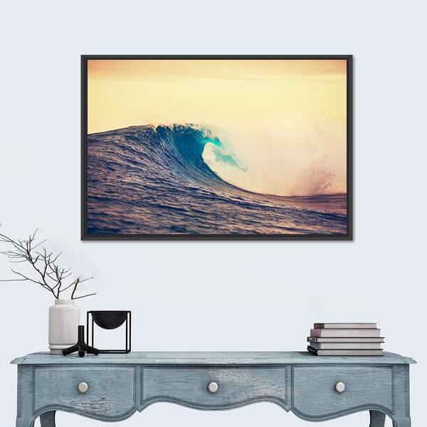 Cresting Ocean Wave with White Foam Canvas Wall Art in white, beige and blue, framed canvas, product view on a white background