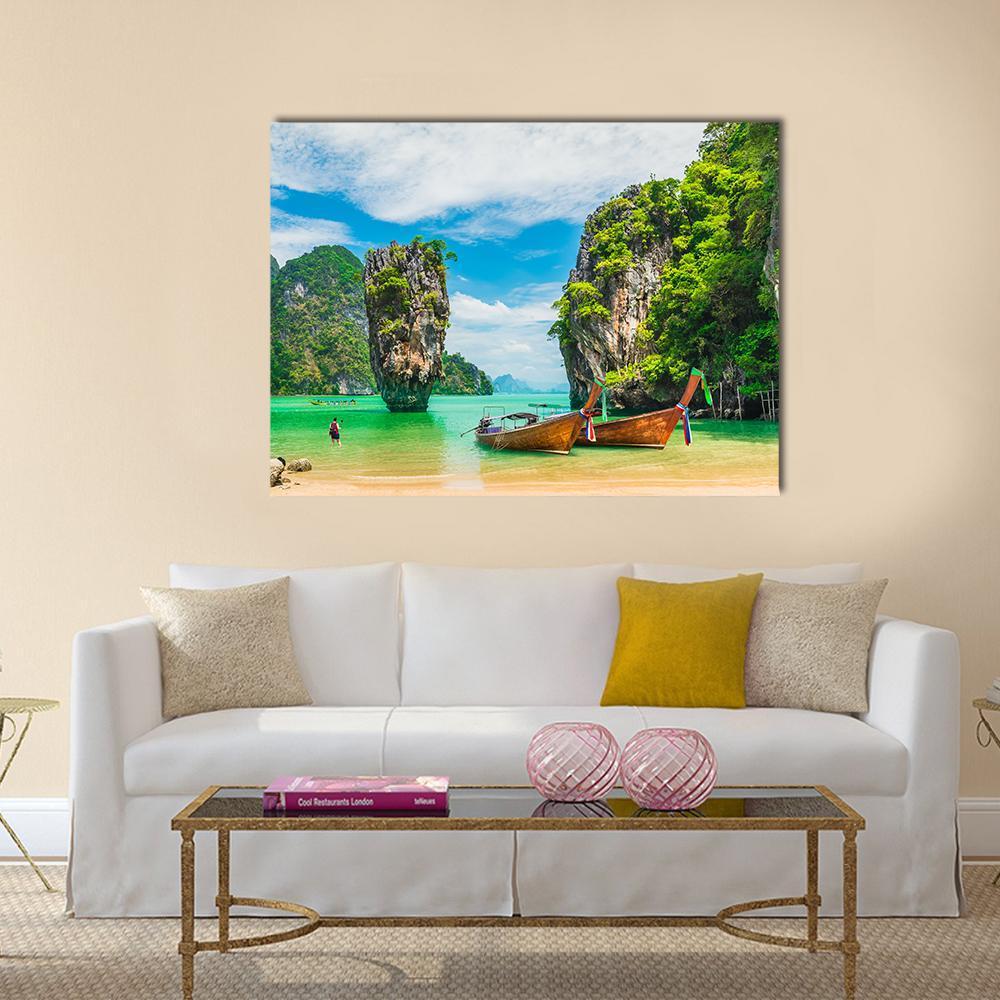 Phuket Beach with Longtail Boats Canvas Wall Art in beige, green and blue, single panel hung on a wall