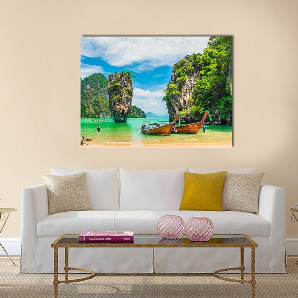 Thai Long-tail Boats by Limestone Karst Canvas Wall Art in beige, green and blue, single panel hung on a wall