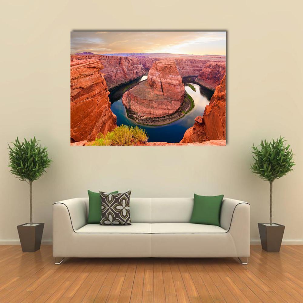 Amazing Sunset at Horseshoe Bend Canvas Wall Art in brown, orange and blue, single panel hung on a wall