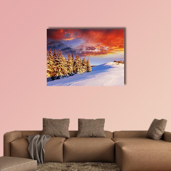 Sunset In The Winter Mountains Canvas Wall Art-1 Piece-Gallery Wrap-48" x 32"-Tiaracle