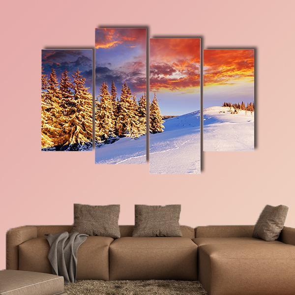 Sunset In The Winter Mountains Canvas Wall Art-4 Pop-Gallery Wrap-50" x 32"-Tiaracle