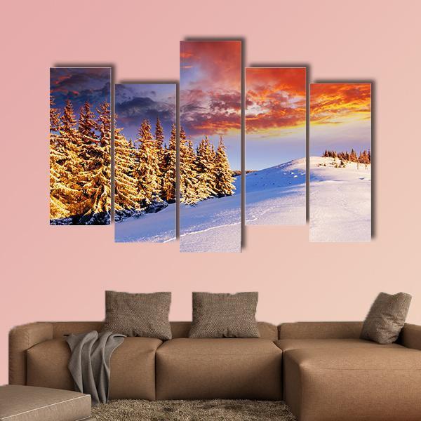 Sunset In The Winter Mountains Canvas Wall Art-5 Pop-Gallery Wrap-47" x 32"-Tiaracle