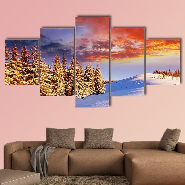Sunset In The Winter Mountains Canvas Wall Art-5 Star-Gallery Wrap-62" x 32"-Tiaracle
