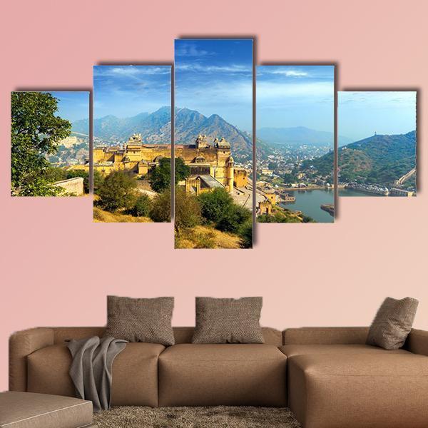 Amber Fort In Rajasthan Canvas Wall Art-5 Star-Gallery Wrap-62" x 32"-Tiaracle