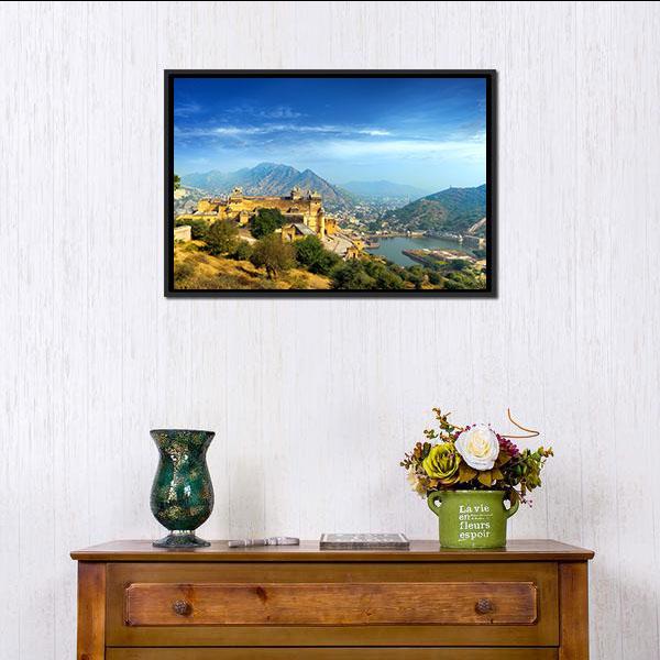 Amber Fort In Rajasthan Canvas Wall Art-1 Piece-Floating Frame-24" x 16"-Tiaracle