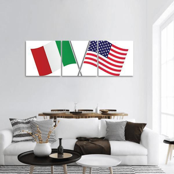 American and Italian Flags Panoramic Canvas Wall Art in white, red and blue, hung on a wall