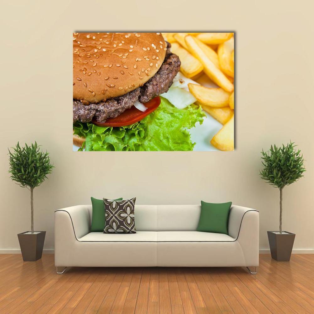 American Cheeseburger with Fries Canvas Wall Art in brown, yellow and green, single panel hung on a wall