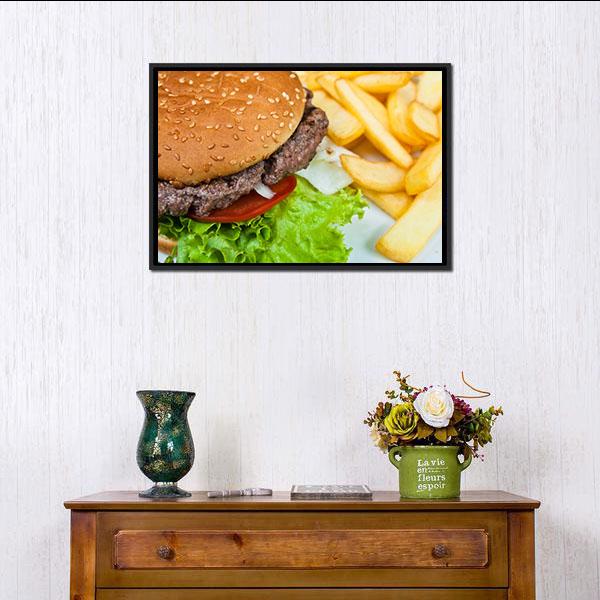 American Cheeseburger with Fries Canvas Wall Art in brown, yellow and green, framed canvas, product view on a white background