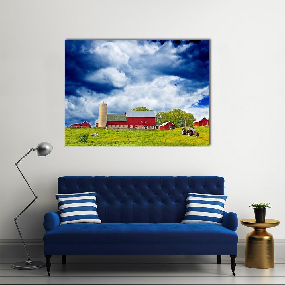 American Country Farm with Red Barns Canvas Wall Art in red, green and blue, single panel hung on a wall