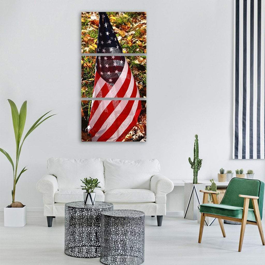 American Flag In Fall Vertical Canvas Wall Art-3 Vertical-Gallery Wrap-12" x 25"-Tiaracle