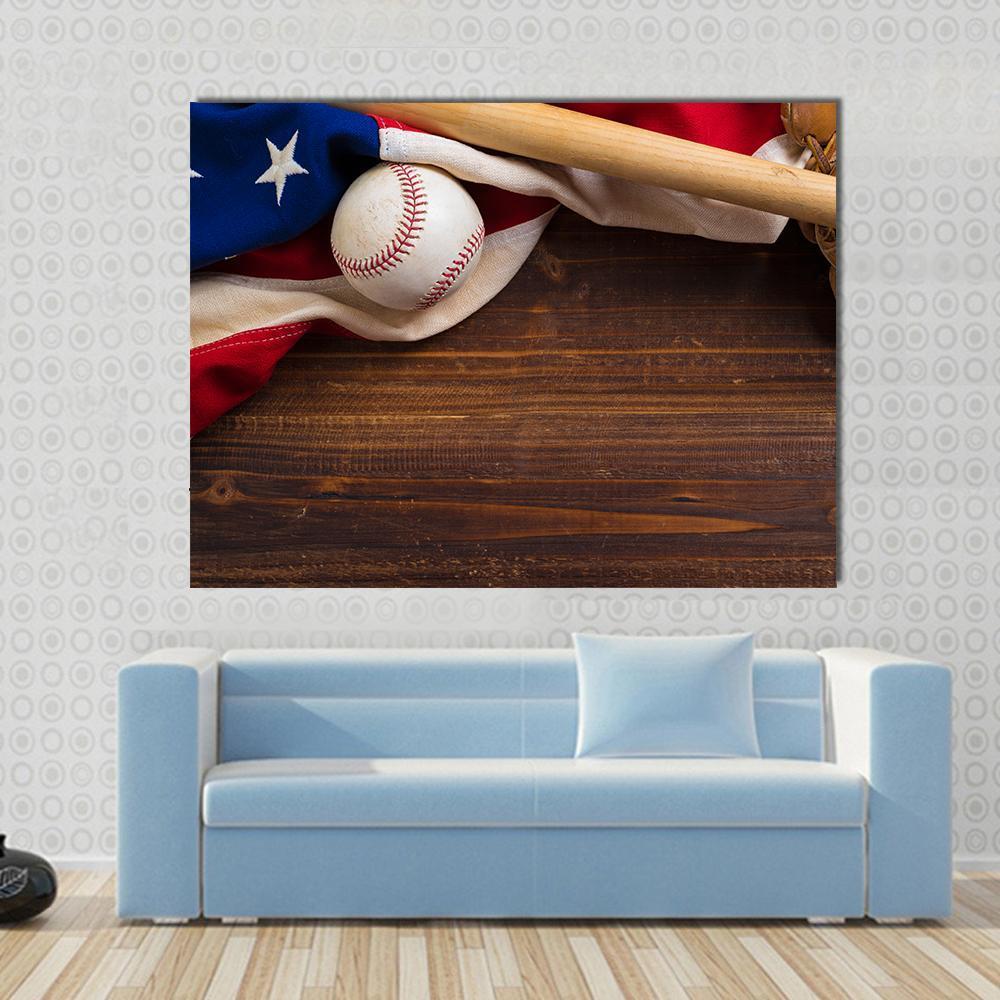 American Flag with Baseball Canvas Wall Art in brown, red and blue, single panel hung on a wall