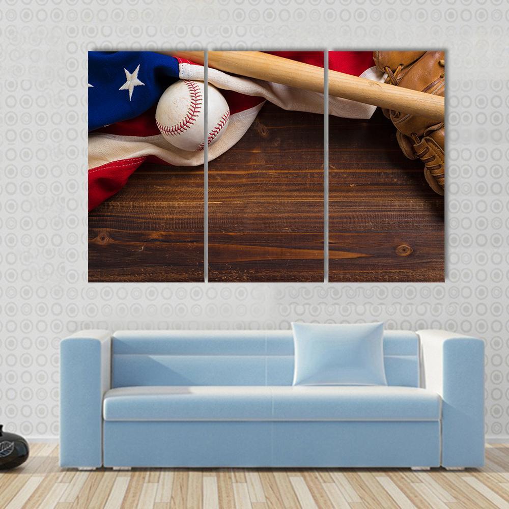 American Flag With Baseball Canvas Wall Art-3 Horizontal-Gallery Wrap-37" x 24"-Tiaracle