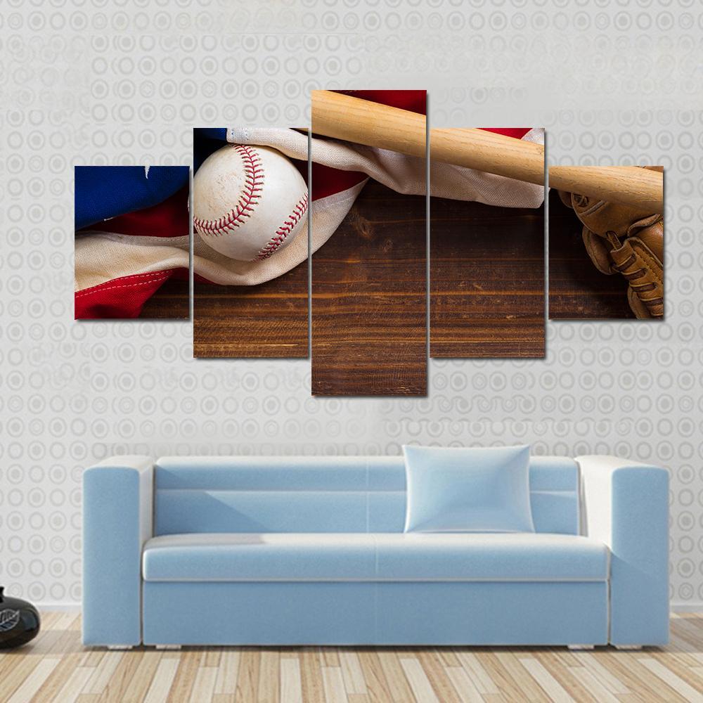 American Flag With Baseball Canvas Wall Art-5 Star-Gallery Wrap-62" x 32"-Tiaracle