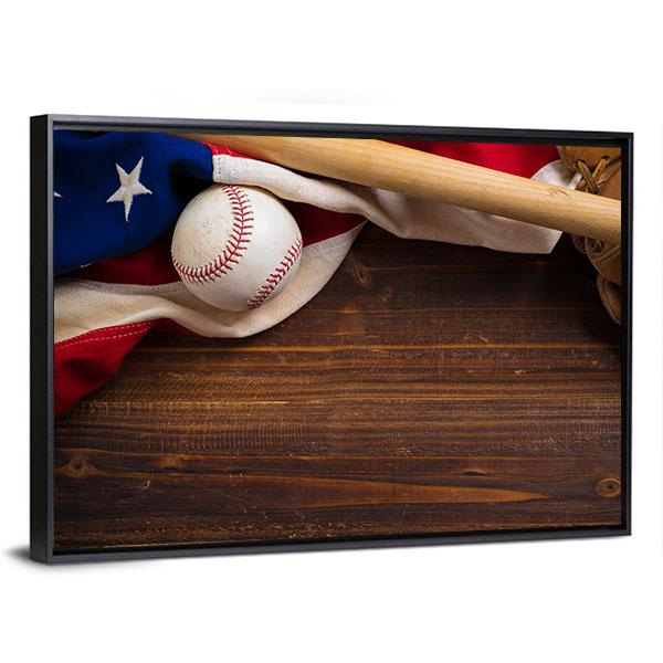 American Flag With Baseball Canvas Wall Art-3 Horizontal-Gallery Wrap-25&quot; x 16&quot;-Tiaracle
