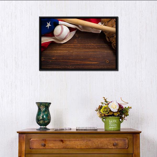 American Flag With Baseball Canvas Wall Art-1 Piece-Floating Frame-24&quot; x 16&quot;-Tiaracle