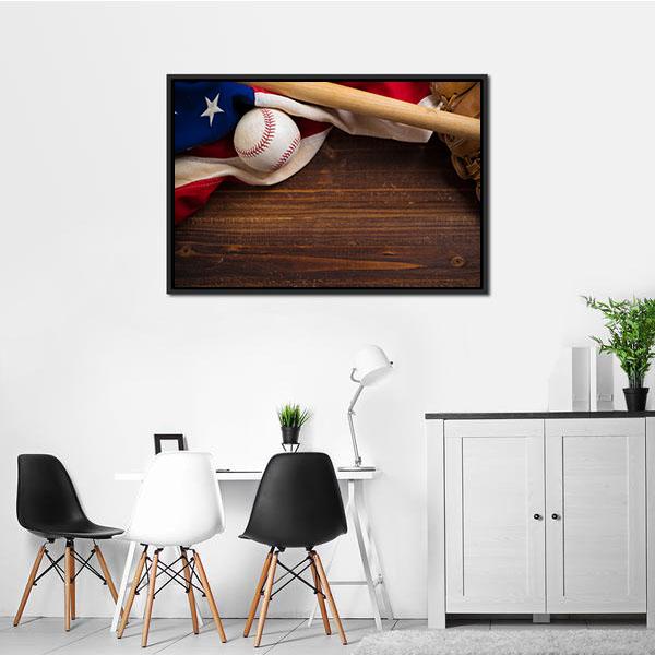 American Flag With Baseball Canvas Wall Art-3 Horizontal-Gallery Wrap-25&quot; x 16&quot;-Tiaracle