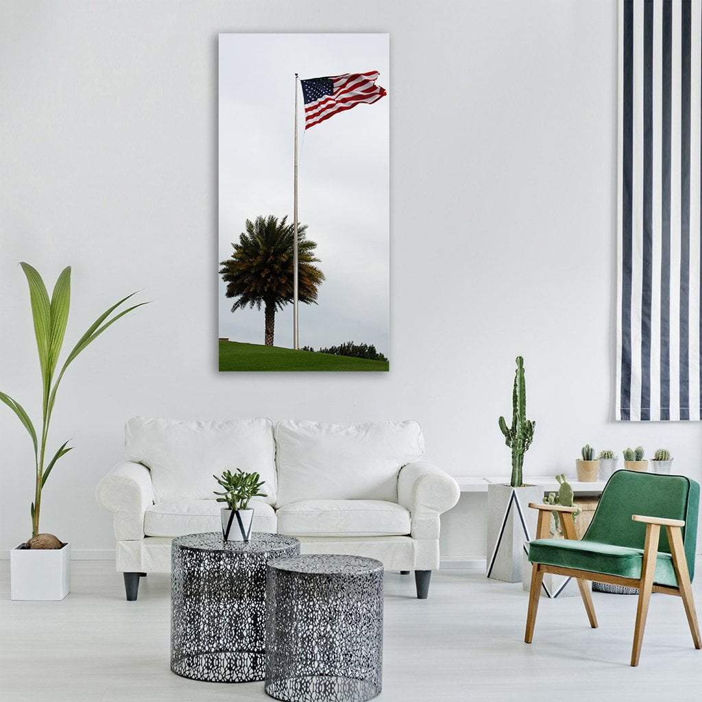 American Flag and Palm Tree Vertical Canvas Wall Art in white, red and blue, single vertical panel hung on a wall