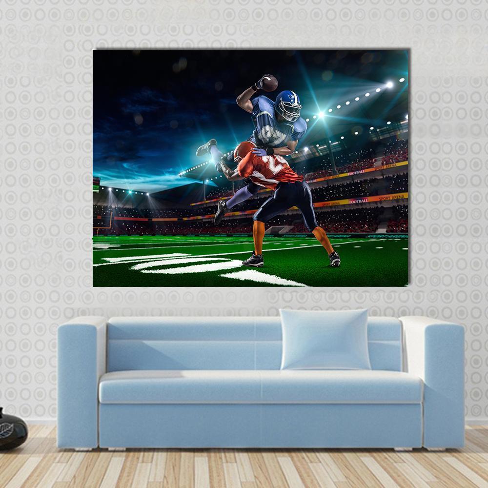 American Football Player in Action Canvas Wall Art in black, green and blue, single panel hung on a wall