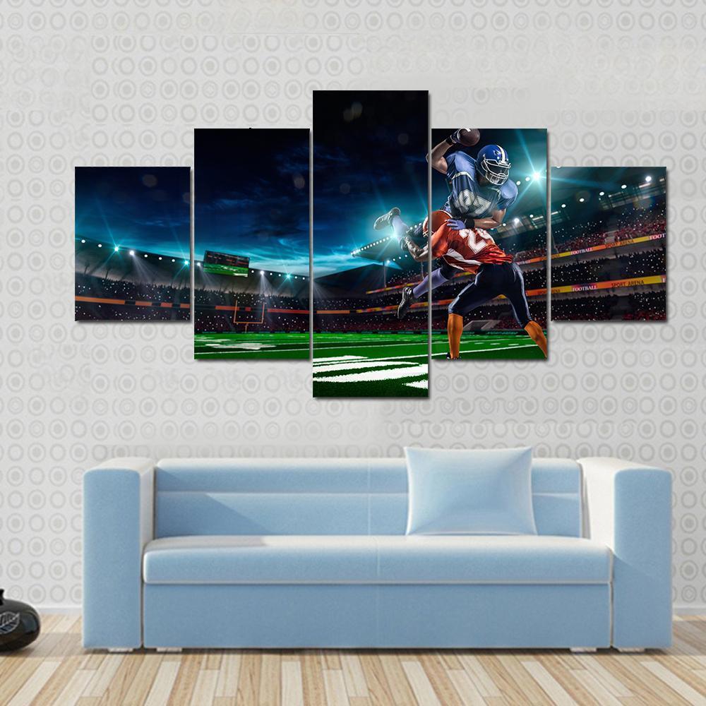 American Football Player In Action Canvas Wall Art-5 Star-Gallery Wrap-62&quot; x 32&quot;-Tiaracle