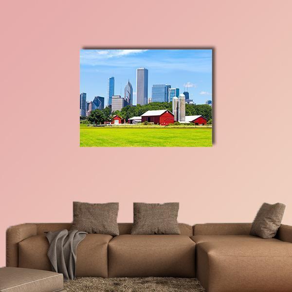 American Farm with Red Barn Canvas Wall Art in red, green and blue, single panel hung on a wall
