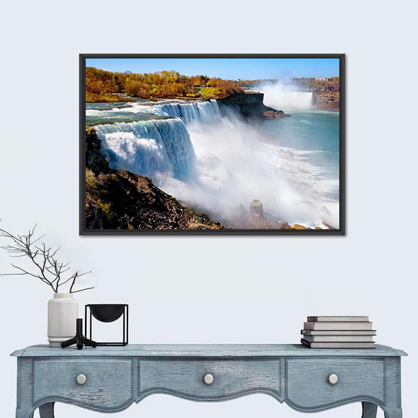 American Side of Niagara Falls Canvas Wall Art in white, green and blue, framed canvas, product view on a white background
