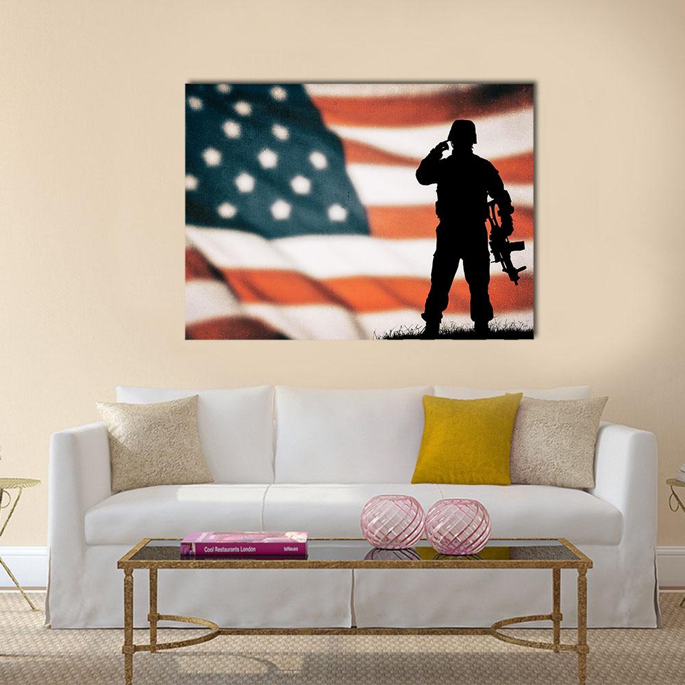 American Soldier Silhouette Canvas Wall Art-1 Piece-Gallery Wrap-24" x 16"-Tiaracle