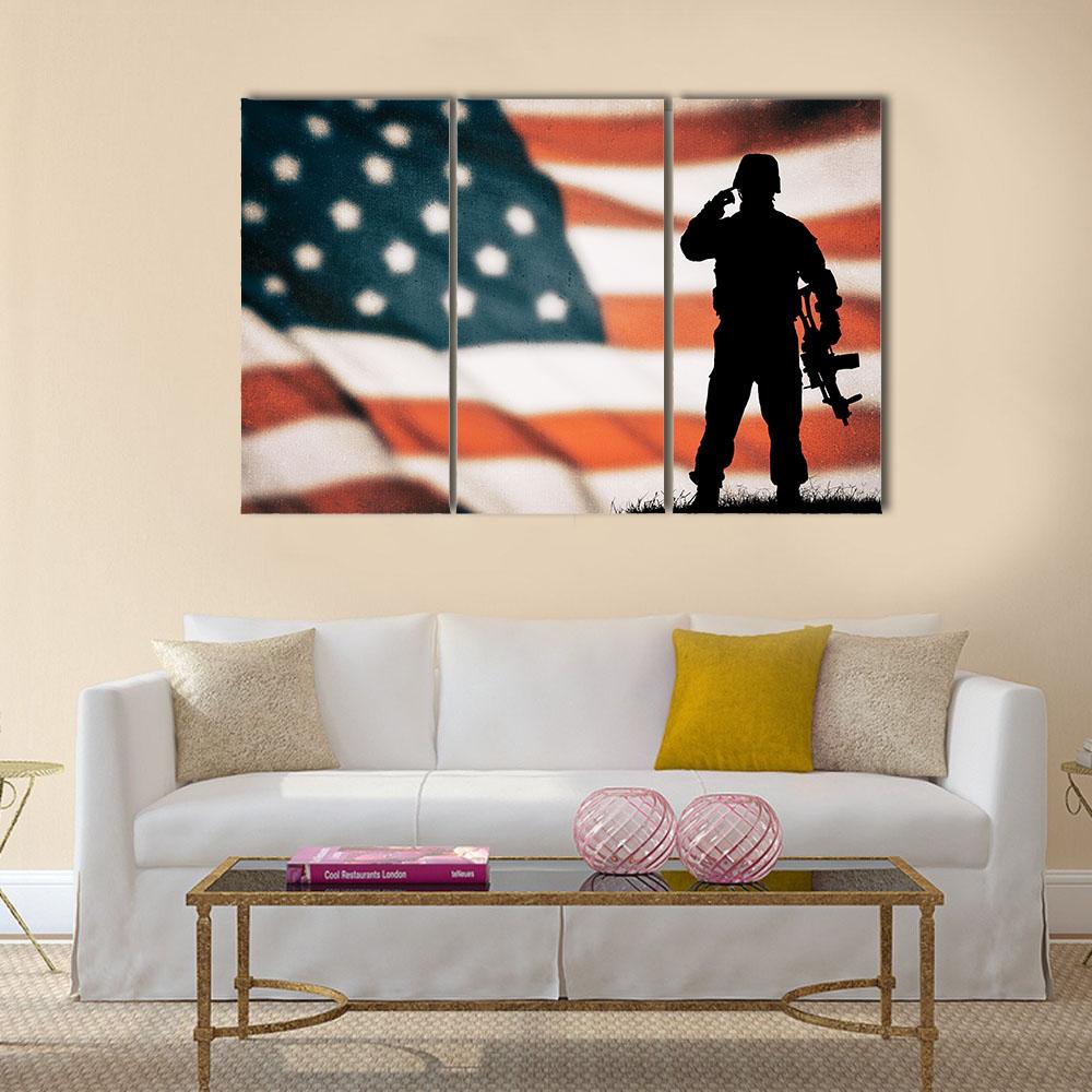 American Soldier Silhouette Canvas Wall Art-1 Piece-Gallery Wrap-24" x 16"-Tiaracle