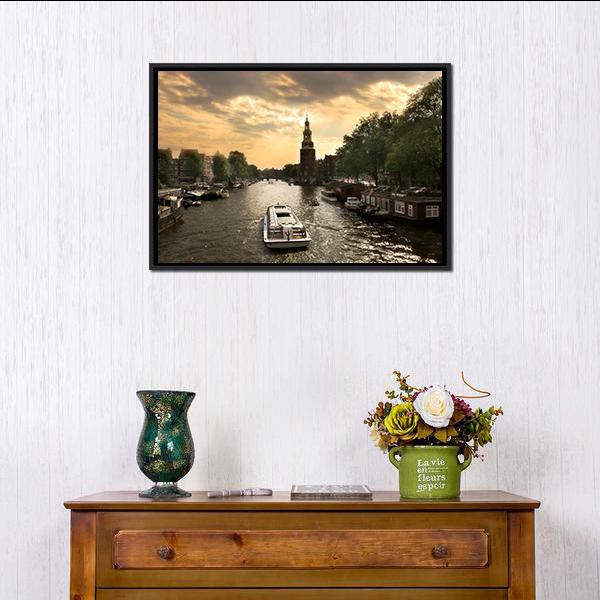 Amstel River With Cruise Ship Canvas Wall Art-1 Piece-Floating Frame-24" x 16"-Tiaracle