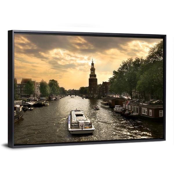 Amstel River With Cruise Ship Canvas Wall Art-3 Horizontal-Gallery Wrap-25" x 16"-Tiaracle