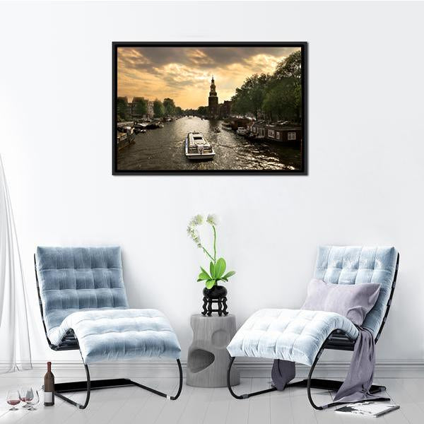 Amstel River With Cruise Ship Canvas Wall Art-3 Horizontal-Gallery Wrap-25" x 16"-Tiaracle