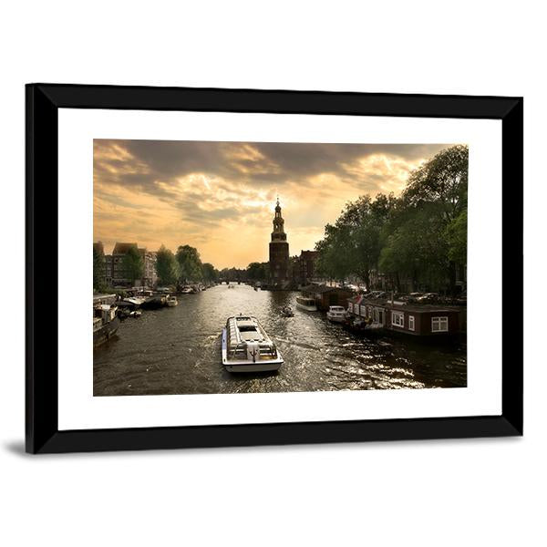Amstel River With Cruise Ship Canvas Wall Art-3 Horizontal-Gallery Wrap-25" x 16"-Tiaracle