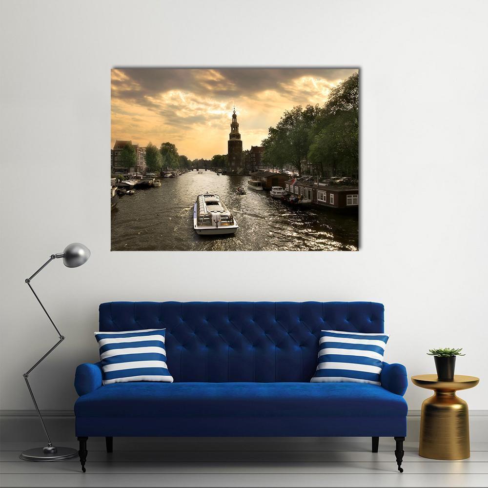 Amstel River Cruise Ship at Golden Hour Canvas Wall Art in gray, brown and gold, single panel hung on a wall