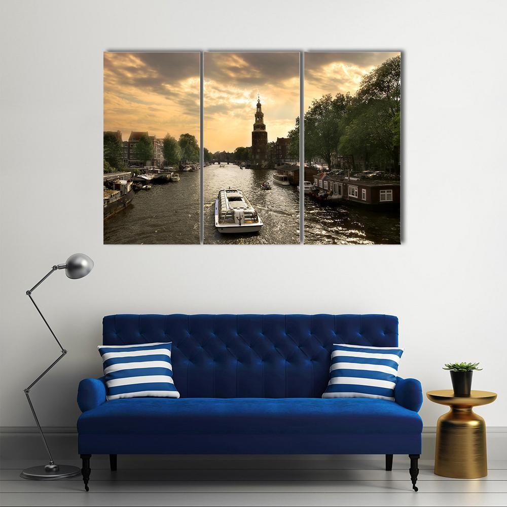 Amstel River With Cruise Ship Canvas Wall Art-3 Horizontal-Gallery Wrap-37" x 24"-Tiaracle