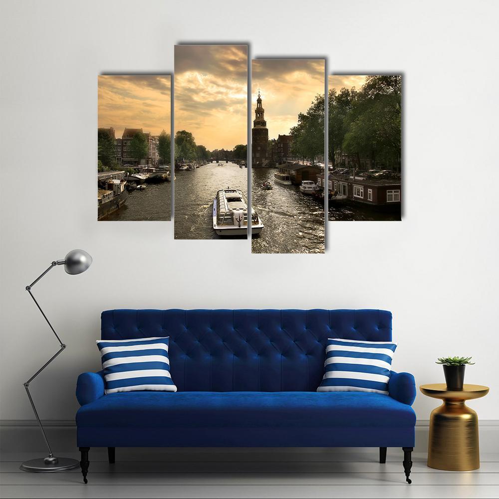 Amstel River With Cruise Ship Canvas Wall Art-4 Pop-Gallery Wrap-50" x 32"-Tiaracle
