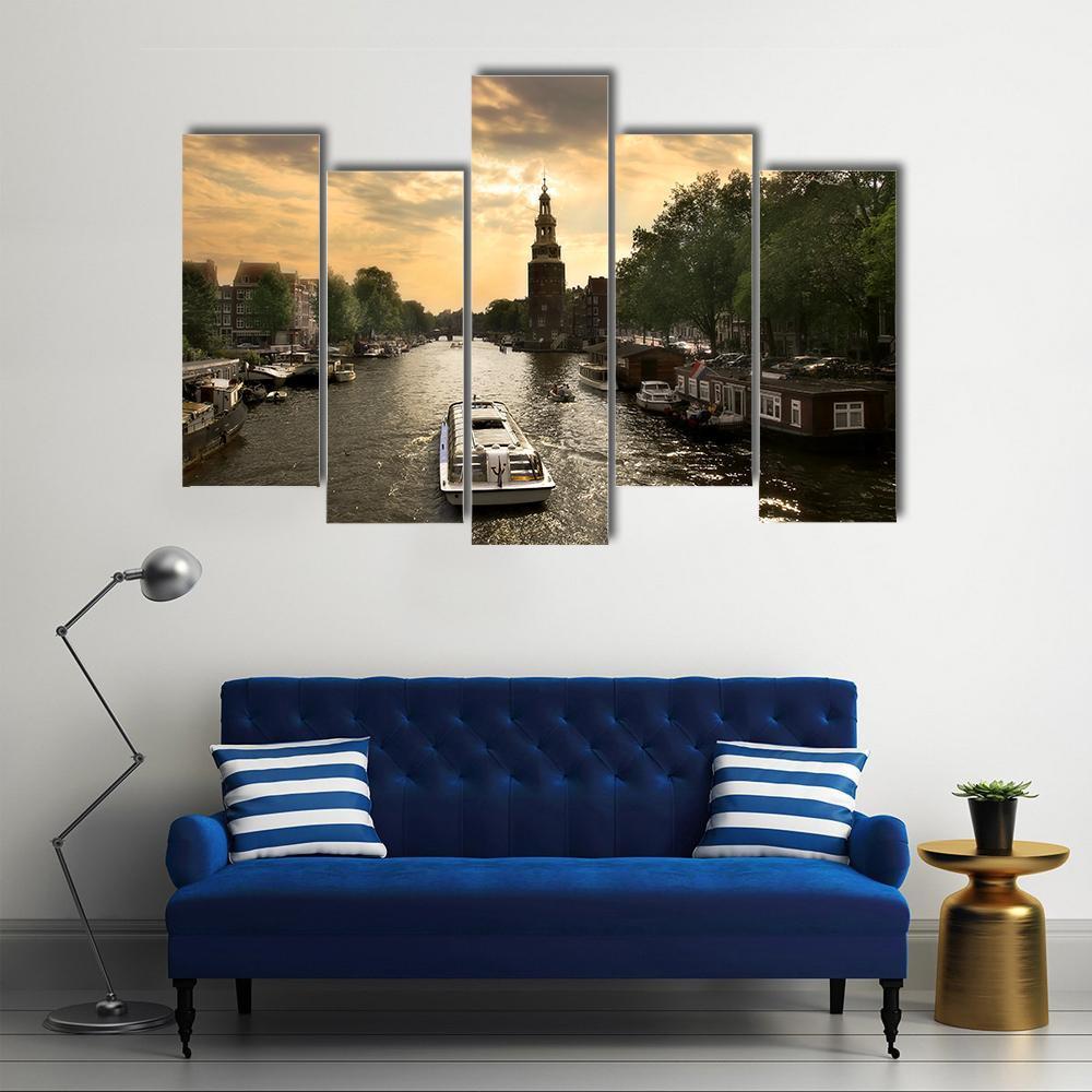 Amstel River With Cruise Ship Canvas Wall Art-5 Pop-Gallery Wrap-47" x 32"-Tiaracle