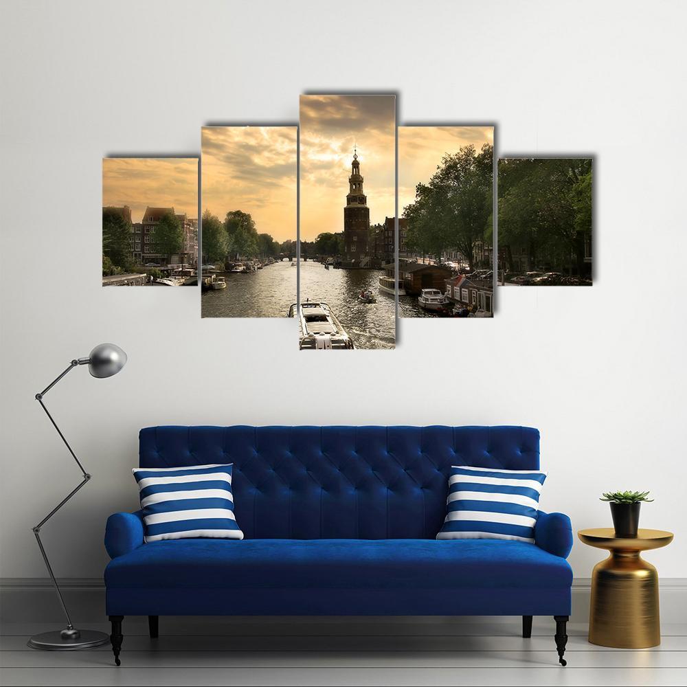 Amstel River With Cruise Ship Canvas Wall Art-5 Star-Gallery Wrap-62" x 32"-Tiaracle