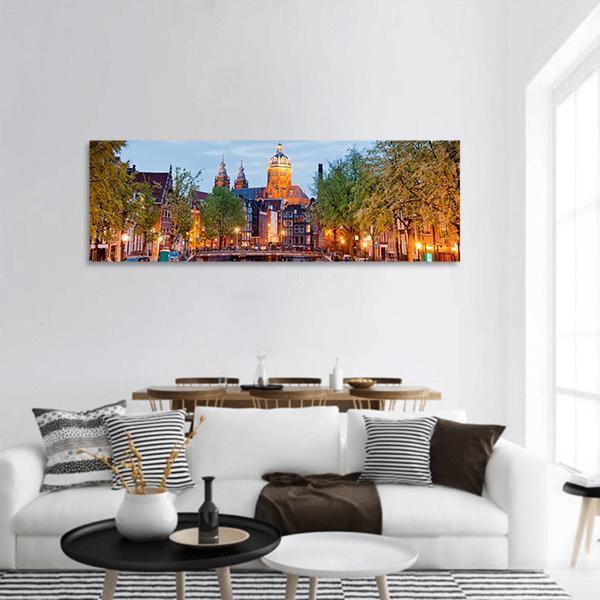 Amsterdam At Dusk Panoramic Canvas Wall Art-3 Piece-25" x 08"-Tiaracle