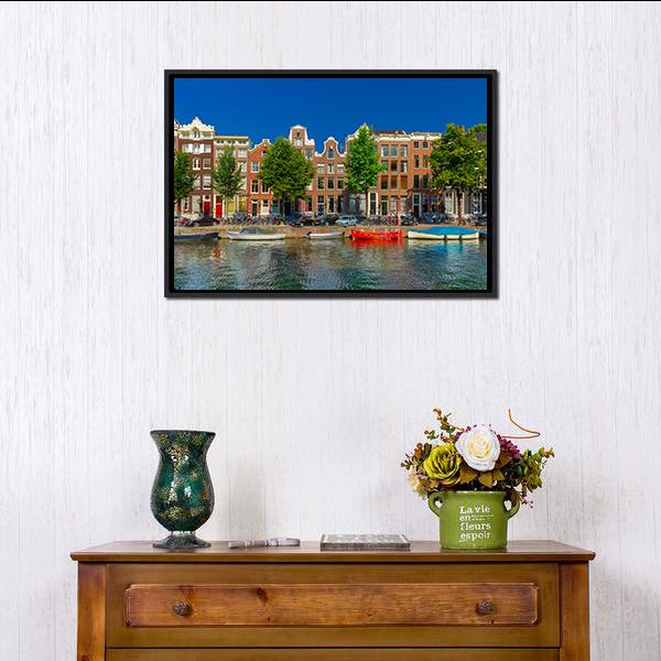 Amsterdam Canal Houses Canvas Wall Art-1 Piece-Floating Frame-24" x 16"-Tiaracle