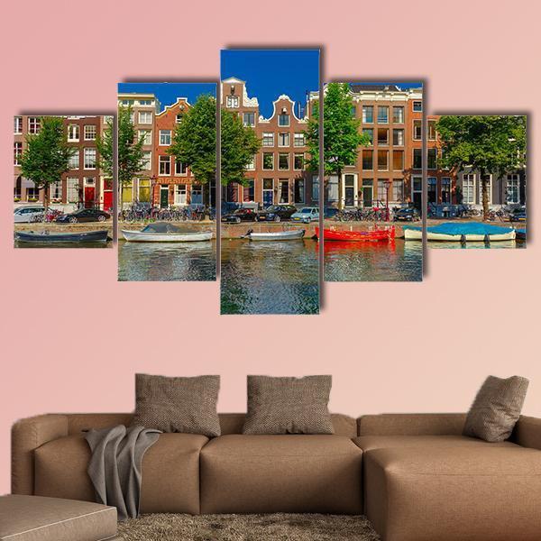 Amsterdam Canal Houses Canvas Wall Art-5 Star-Gallery Wrap-62" x 32"-Tiaracle