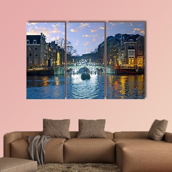 Amsterdam Lights In The City Canvas Wall Art-3 Horizontal-Gallery Wrap-37&quot; x 24&quot;-Tiaracle