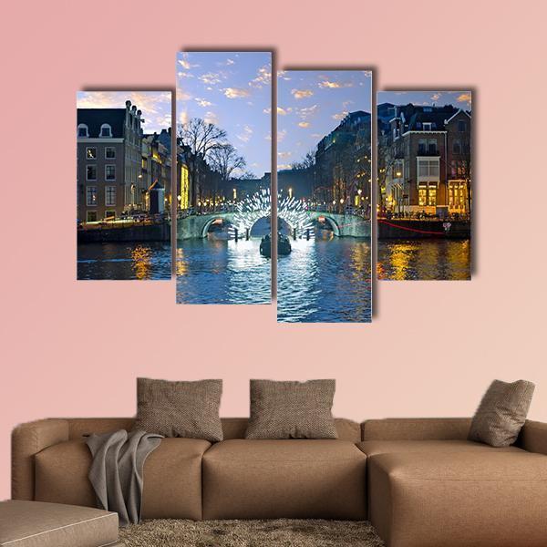 Amsterdam Lights In The City Canvas Wall Art-4 Pop-Gallery Wrap-50&quot; x 32&quot;-Tiaracle