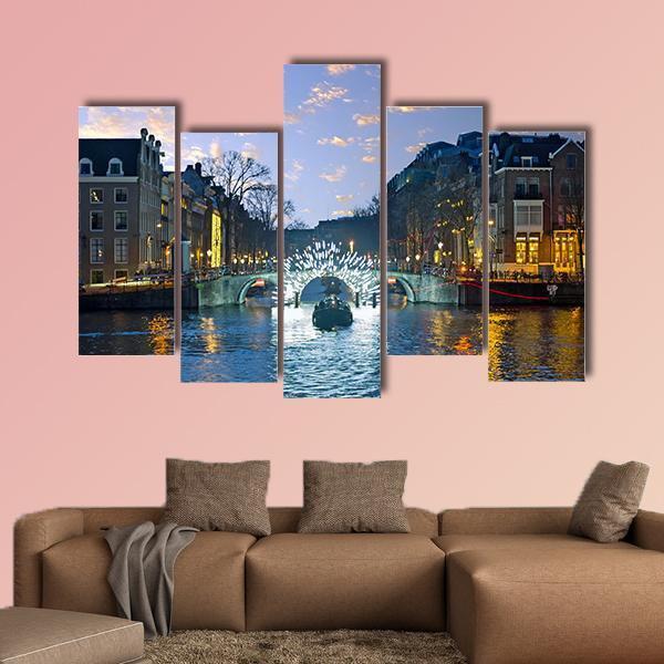 Amsterdam Lights In The City Canvas Wall Art-5 Pop-Gallery Wrap-47&quot; x 32&quot;-Tiaracle