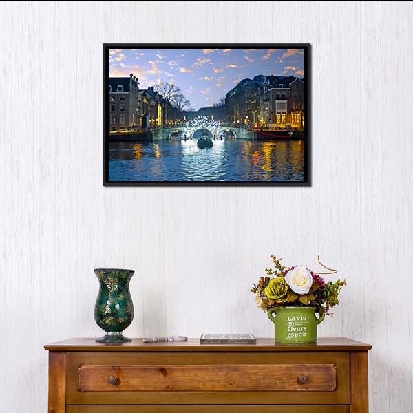 Amsterdam Lights In The City Canvas Wall Art-1 Piece-Floating Frame-24&quot; x 16&quot;-Tiaracle