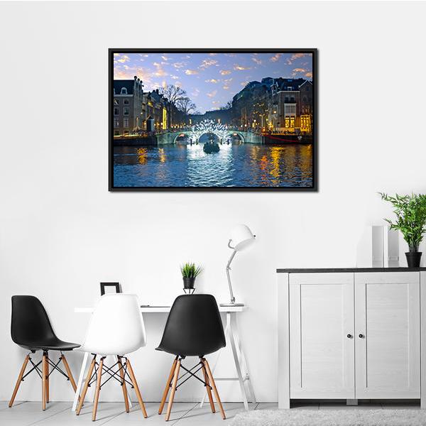 Amsterdam Lights In The City Canvas Wall Art-3 Horizontal-Gallery Wrap-25" x 16"-Tiaracle